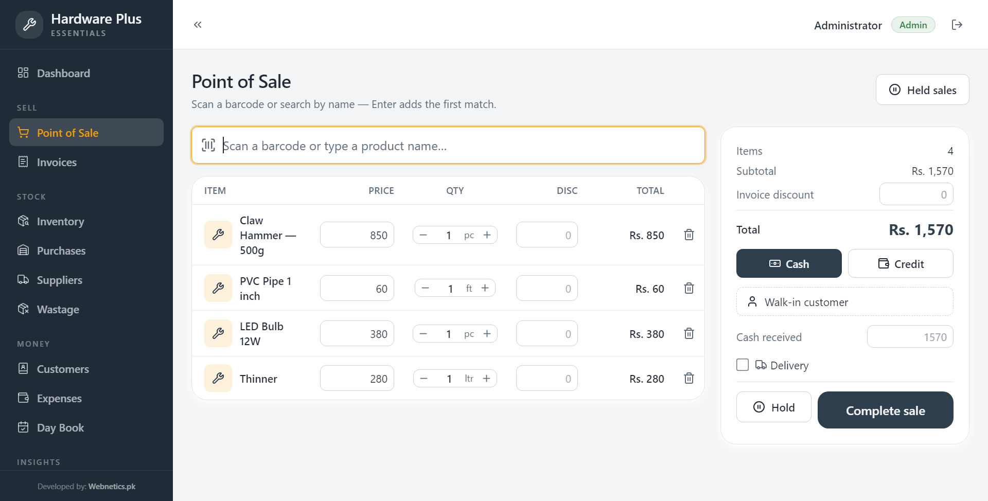 Hardware Plus point of sale — units on every line